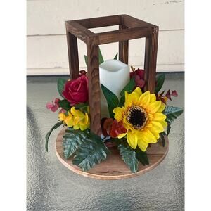 Sunflower & Rose Lantern Centerpiece – Rustic Farmhouse Table Decor Fall Accent